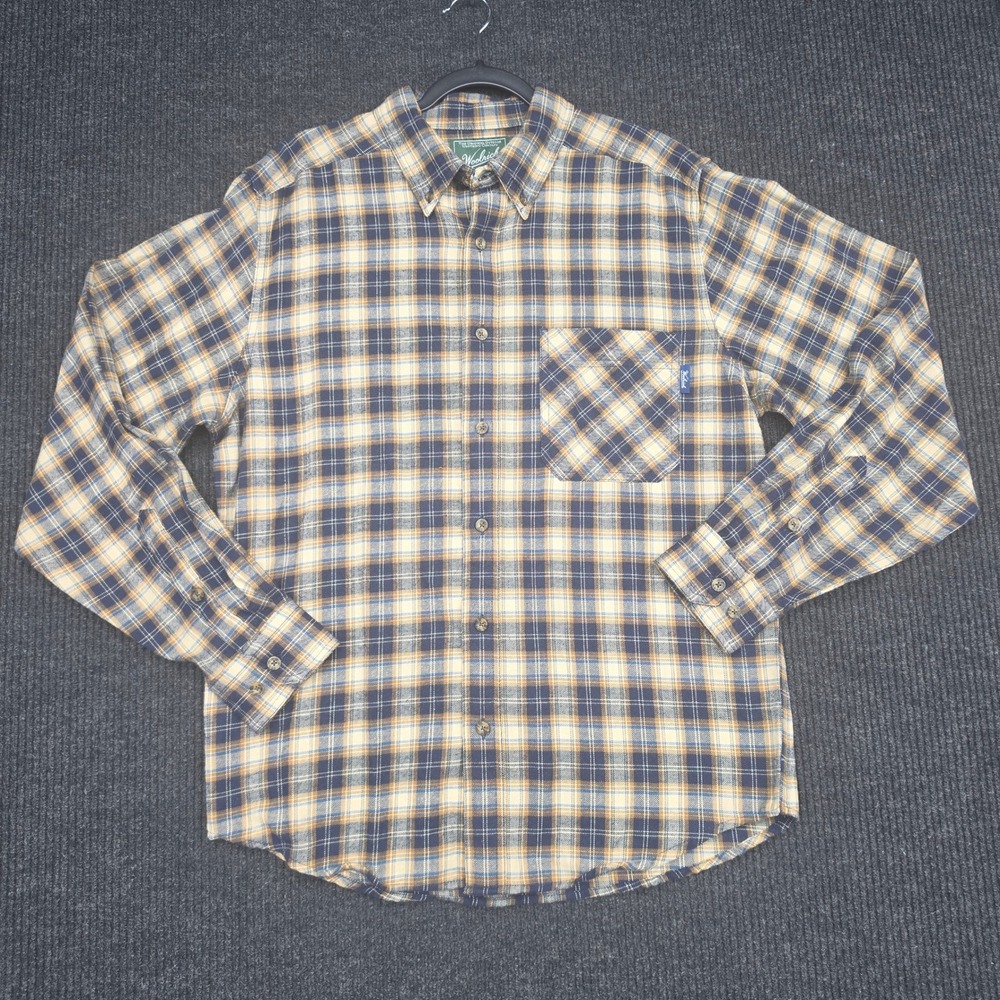 Woolrich Mens Flannel Shirt Medium Tan Navy Blue Plaid Cotton Button Down 4604